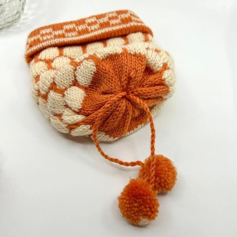 Vintage Handmade Retro Print Orange Checker Knitted Beanie Ski Winter Beanie Pom